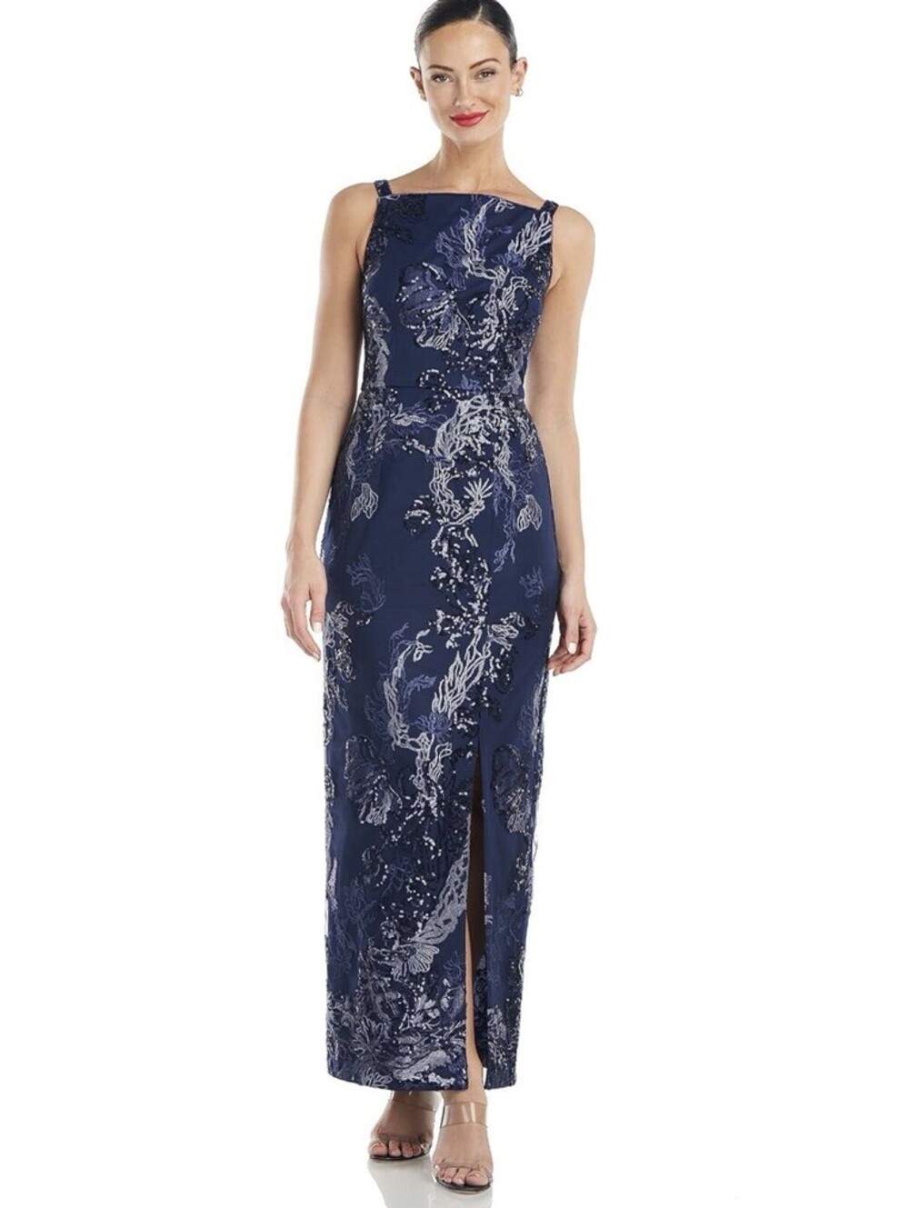 JS  Collections Clara Apron Ankle Length Gown Sequin Size 14 Navy/Shale NWT $238
